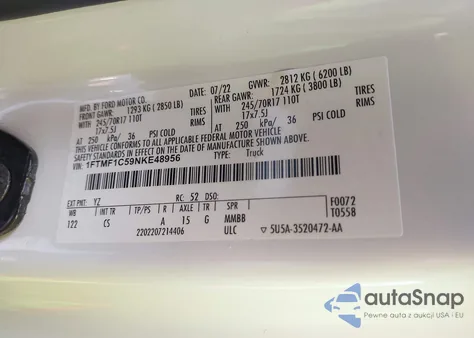 2022 Ford F-150 Xl z USA, uszkodzony, nr VIN 1FTMF1C59NKE48956